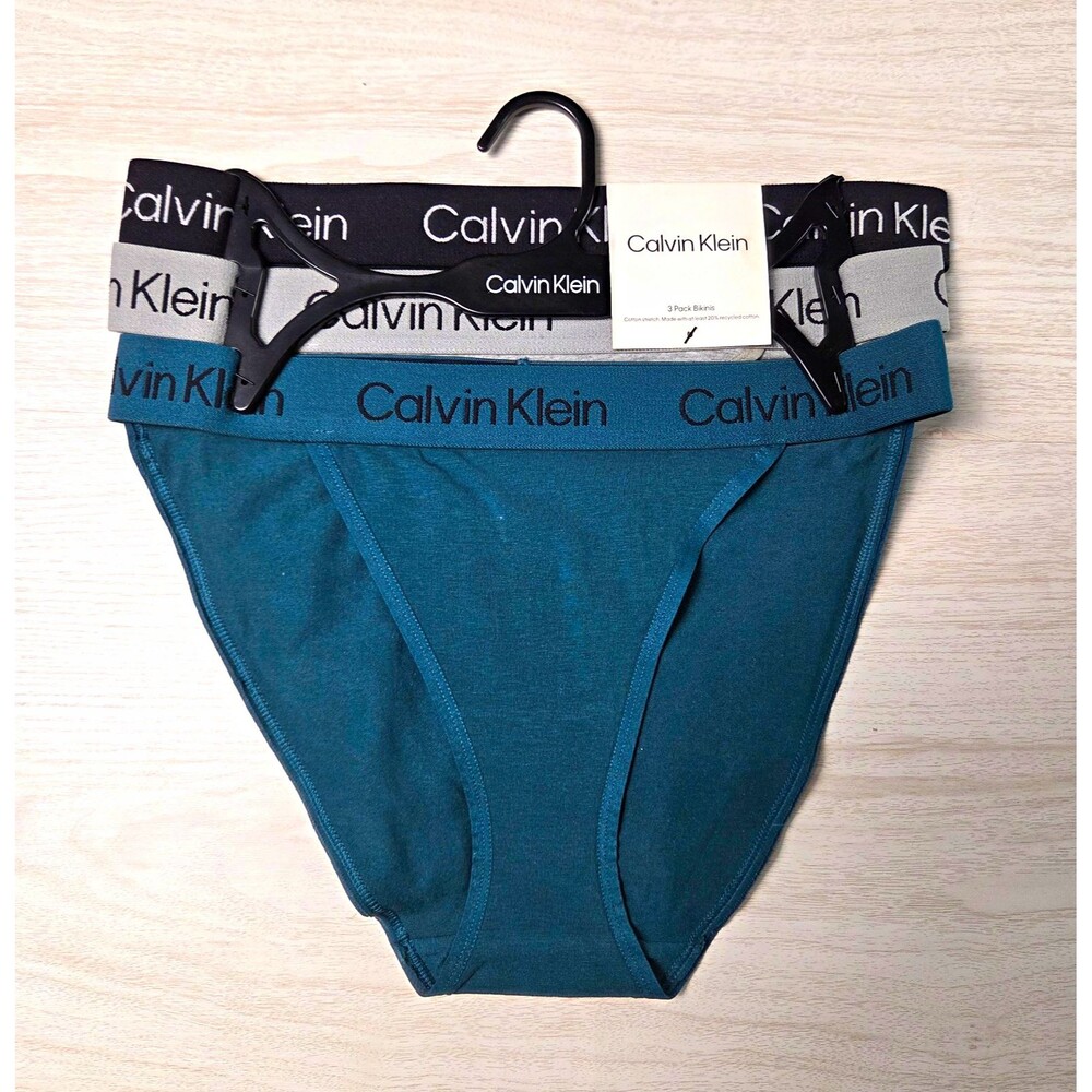 NWT Calvin Klein Women's S Cotton Blend Bikini Underwear 3-Pack Teal Grey Black
